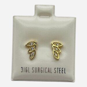 Gold Triple Leaf Stud Earrings – 3 CZ – Hypoallergenic – 6x4mm